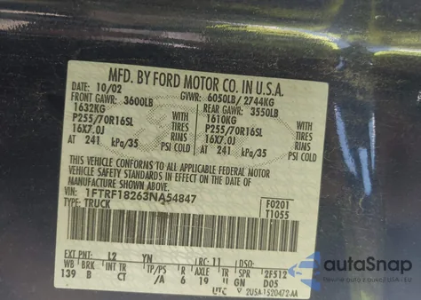 2003 Ford F150 Xl/Xlt z USA, uszkodzony, nr VIN 1FTRF18263NA5484